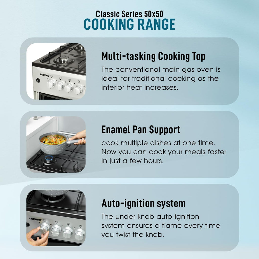 Geepas Standing Cooking Range-Stainless Steel-Classic Series 50x50-4-Burners- Auto Ignition System-Enamel Pan Support
