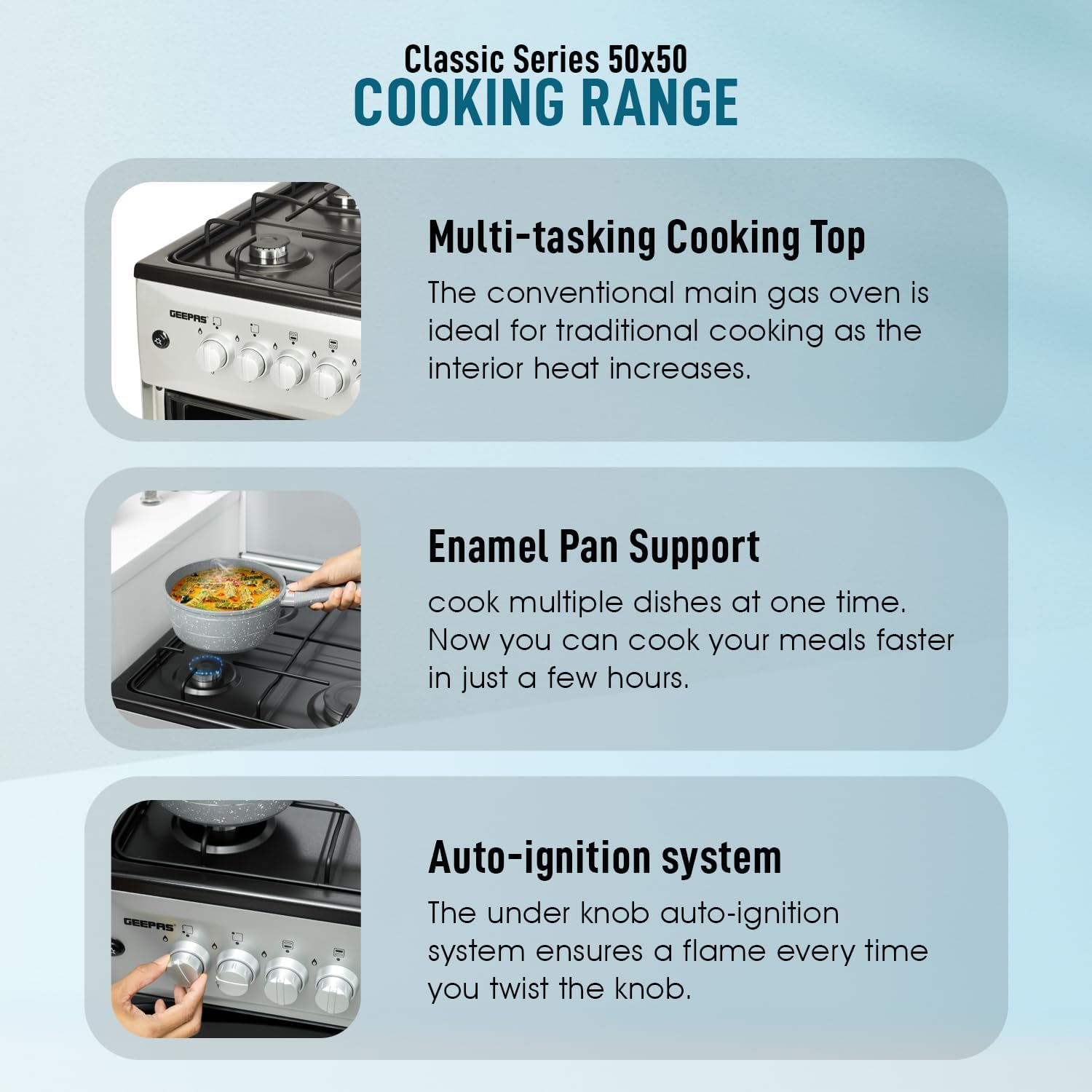 Geepas Standing Cooking Range-Stainless Steel-Classic Series 50x50-4-Burners- Auto Ignition System-Enamel Pan Support