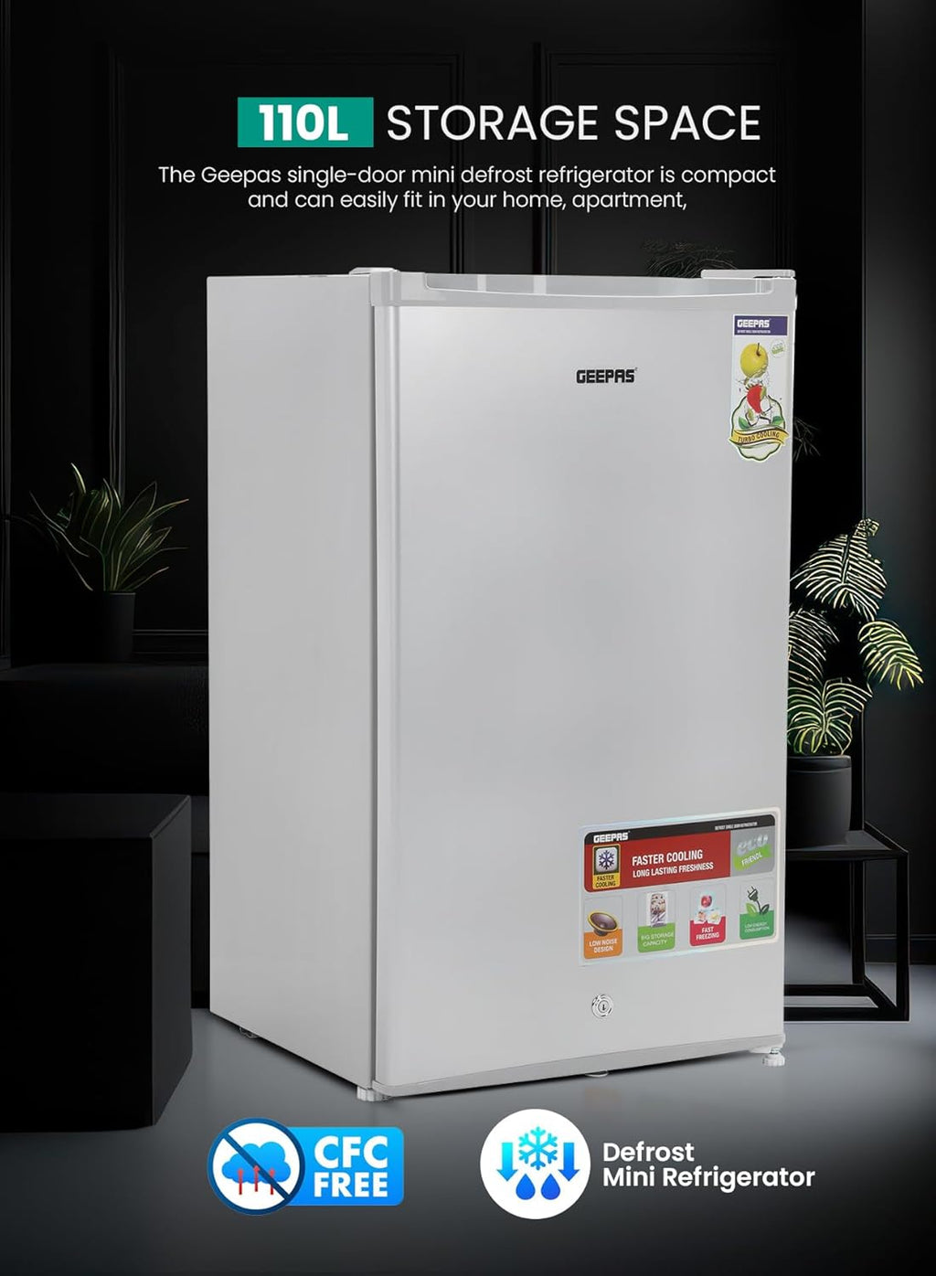 Geepas 110L Single Door Refrigerator - Free Standing Durable Double Door Refrigerator, Quick Cooling & Long-lasting Freshness, Low Noise, Defrost Refrigerator
