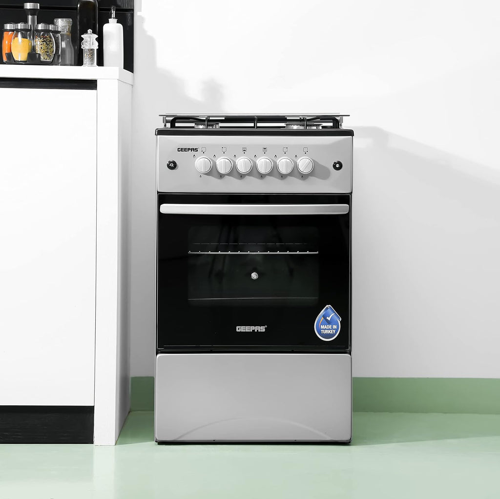Geepas Standing Cooking Range-Stainless Steel-Classic Series 50x50-4-Burners- Auto Ignition System-Enamel Pan Support