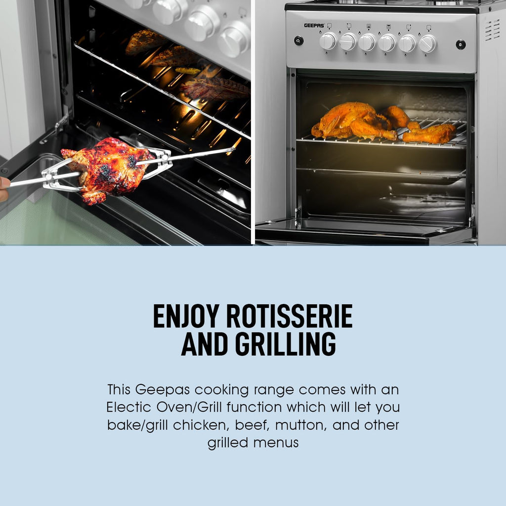 Geepas Standing Cooking Range-Stainless Steel-Classic Series 50x50-4-Burners- Auto Ignition System-Enamel Pan Support