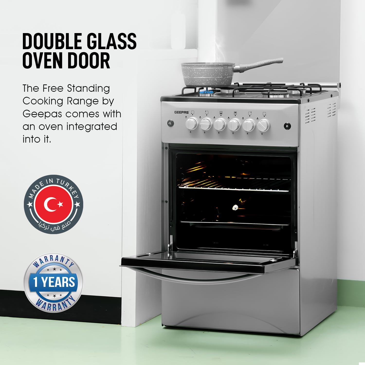 Geepas Standing Cooking Range-Stainless Steel-Classic Series 50x50-4-Burners- Auto Ignition System-Enamel Pan Support