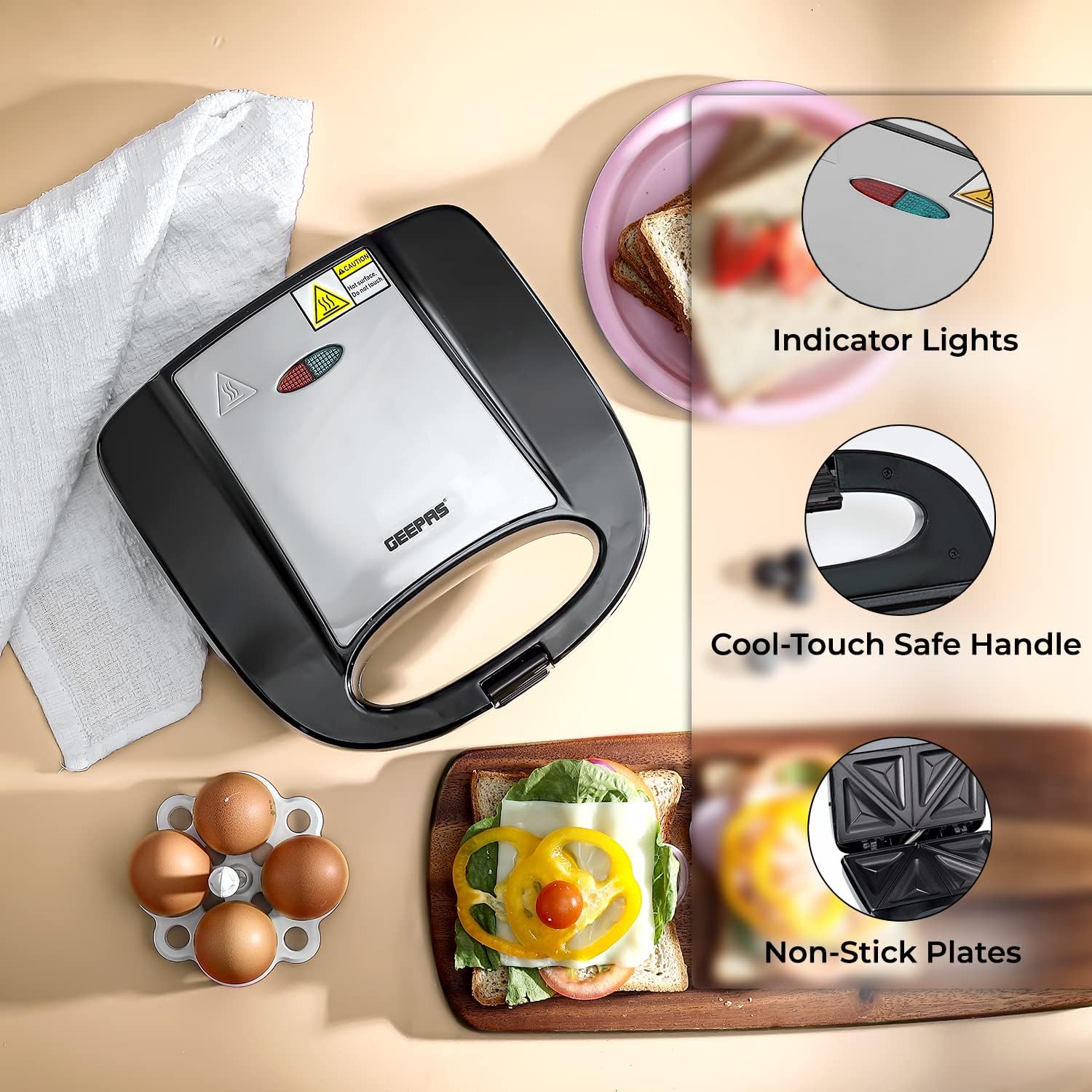 Geepas Portable Powerful 2 Slice Grill Maker with Non-Stick Plates 700W with Non-Stick Plates