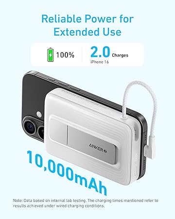Anker Zolo Magnetic Power Bank 10000mAh MagSafe Wireless Charger 30W with Built-in USB-C Cable & Adjustable Stand for iPhone 16/15 Series & AirPods | Black