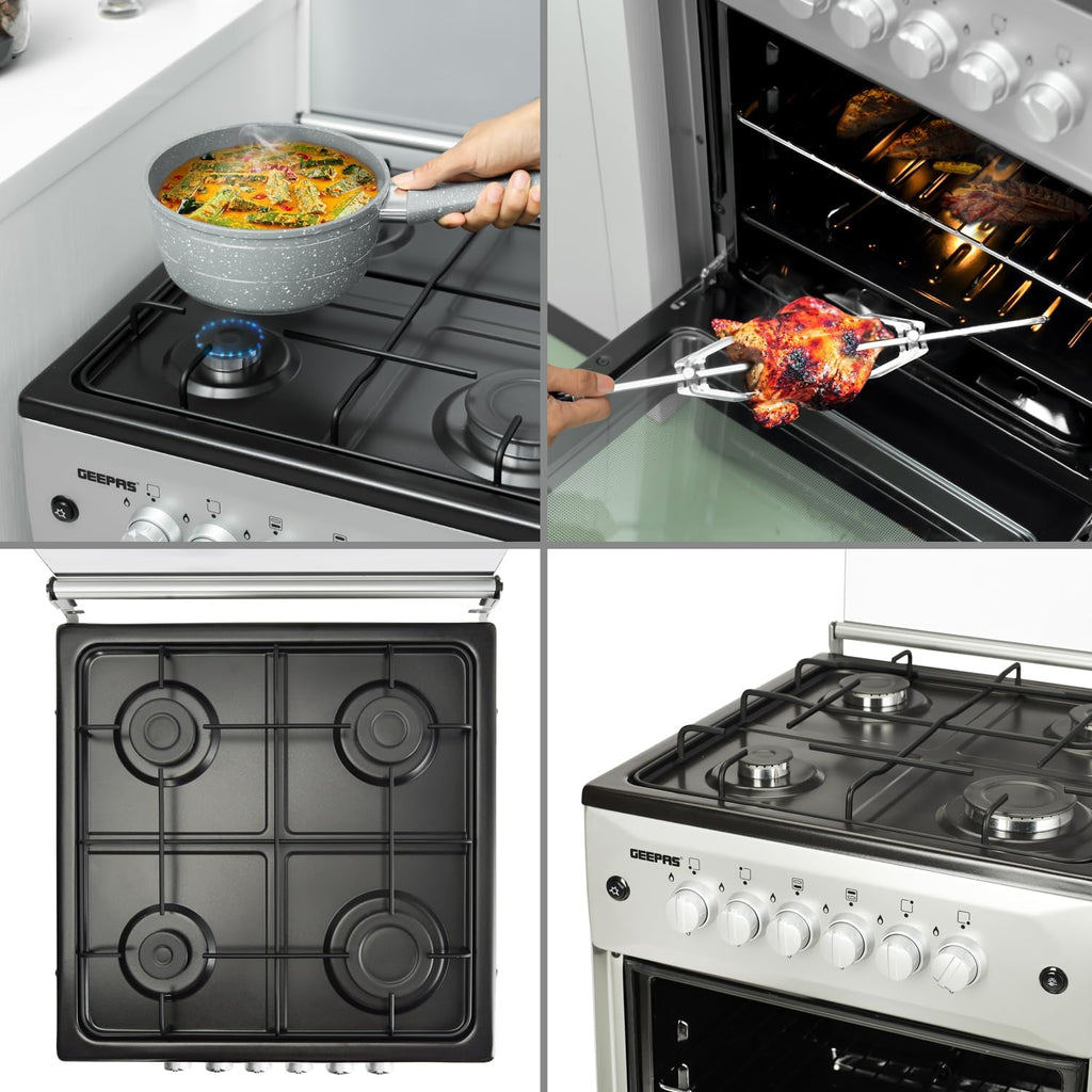 Geepas Standing Cooking Range-Stainless Steel-Classic Series 50x50-4-Burners- Auto Ignition System-Enamel Pan Support