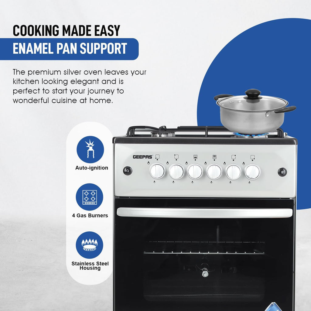 Geepas Standing Cooking Range-Stainless Steel-Classic Series 50x50-4-Burners- Auto Ignition System-Enamel Pan Support