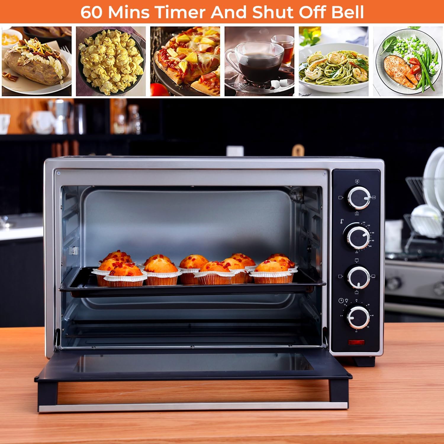 Geepas Electric Oven, 60L | 60 Minutes Timer | Inside Lamp | Stainless Steel Heating Elements | Heat Resistant Tempered Window | 2000W Power