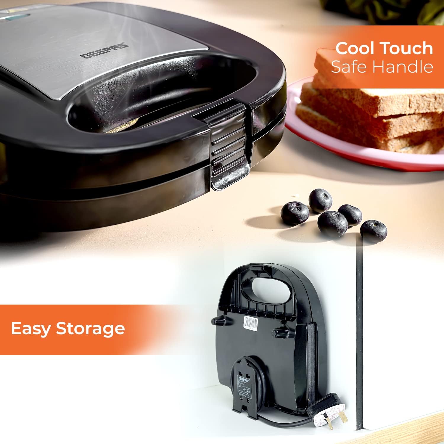 Geepas Portable Powerful 2 Slice Grill Maker with Non-Stick Plates 700W with Non-Stick Plates