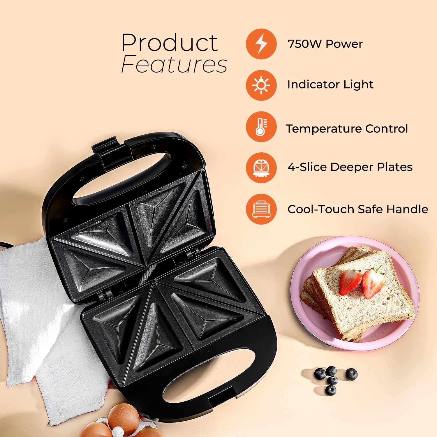 Geepas Portable Powerful 2 Slice Grill Maker with Non-Stick Plates 700W with Non-Stick Plates