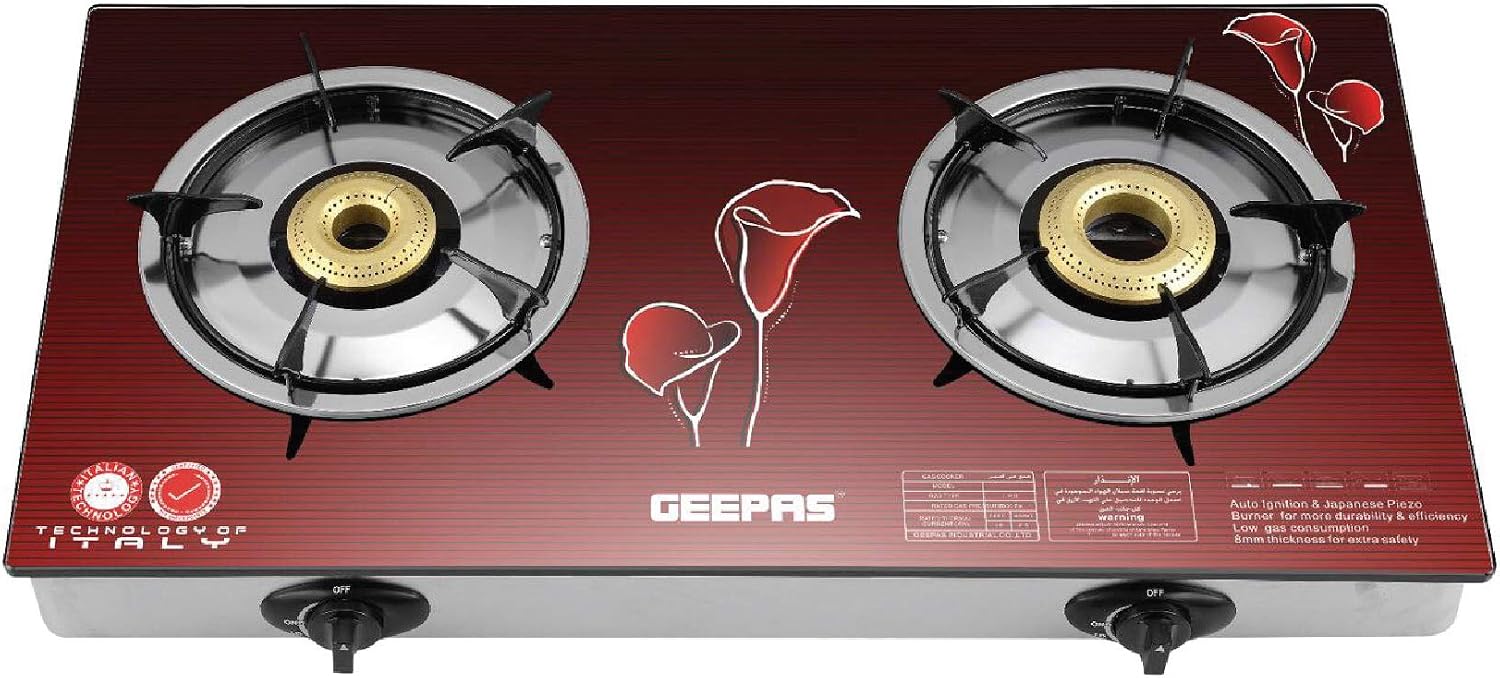 Geepas 2 Burner Glass Top Gas Cooker GK5602 | Stainless Steel