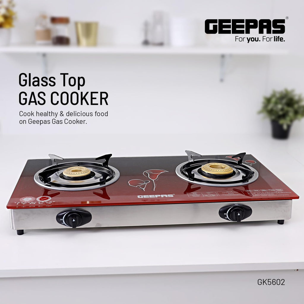 Geepas 2 Burner Glass Top Gas Cooker GK5602 | Stainless Steel