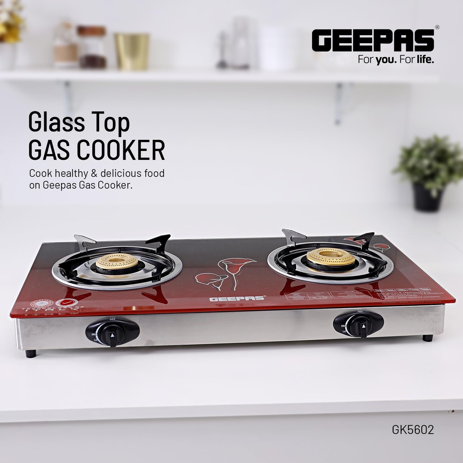 Geepas 2 Burner Glass Top Gas Cooker GK5602 | Stainless Steel
