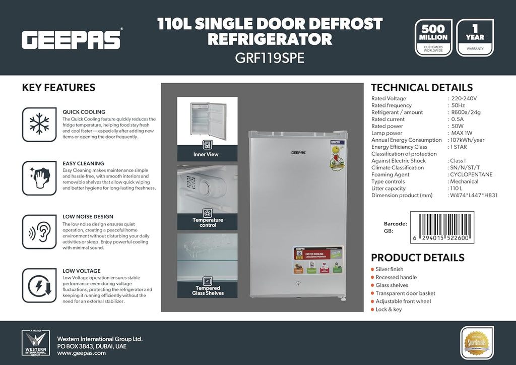Geepas 110L Single Door Refrigerator - Free Standing Durable Double Door Refrigerator, Quick Cooling & Long-lasting Freshness, Low Noise, Defrost Refrigerator