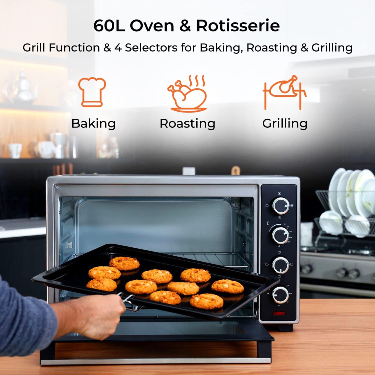 Geepas Electric Oven, 60L | 60 Minutes Timer | Inside Lamp | Stainless Steel Heating Elements | Heat Resistant Tempered Window | 2000W Power
