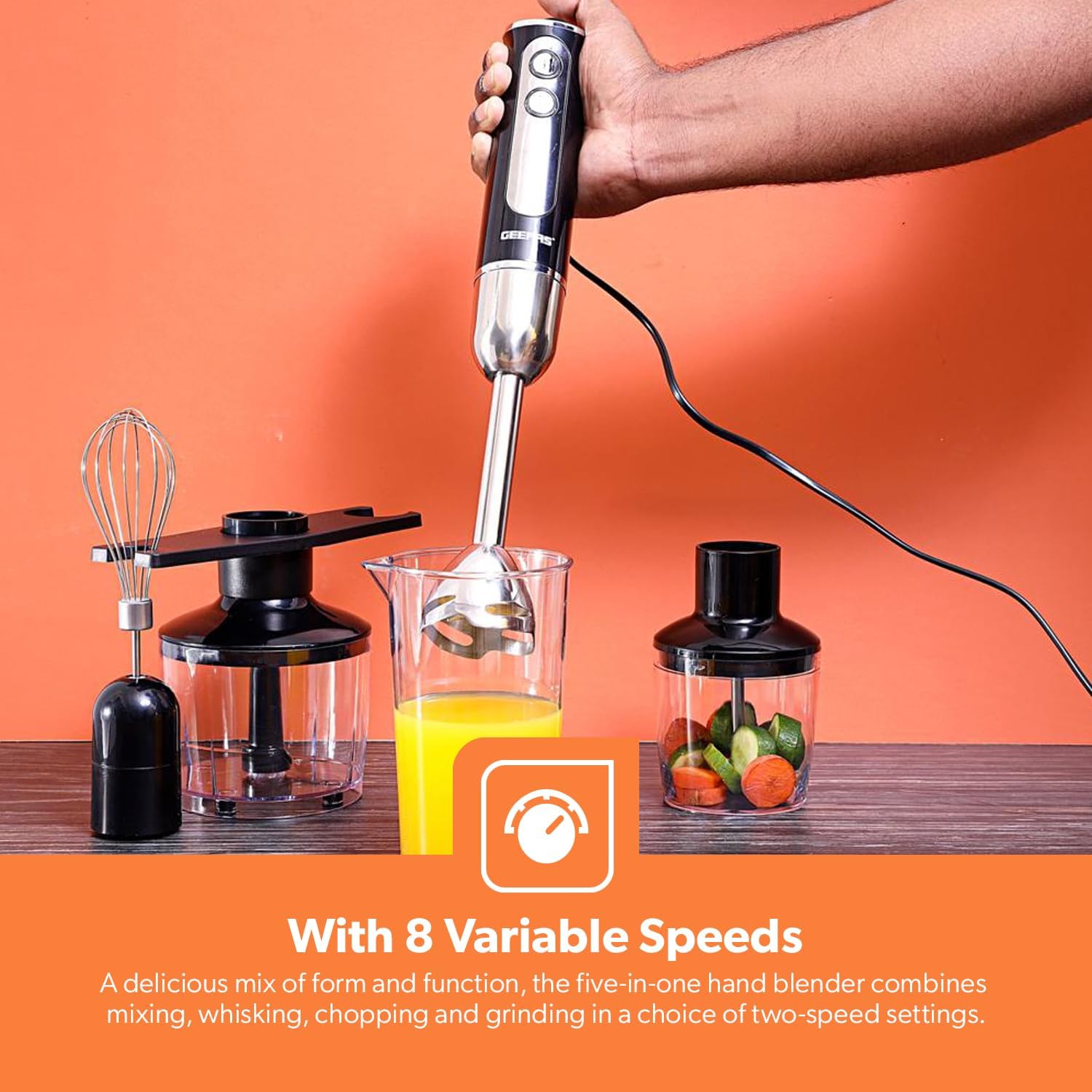 Geepas 5-in-1 Handheld Blender 600W â€“ Black/Transparent