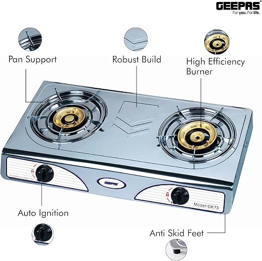Geepas Stainless Steel 2 Burner Gas Stove with Auto Ignition