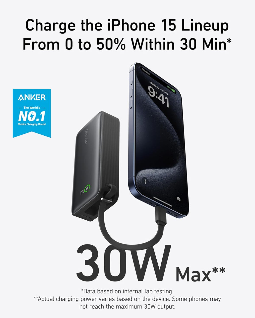 Anker 30W Fast Charging 10000 mAh Built-in USB-C Cable | Black