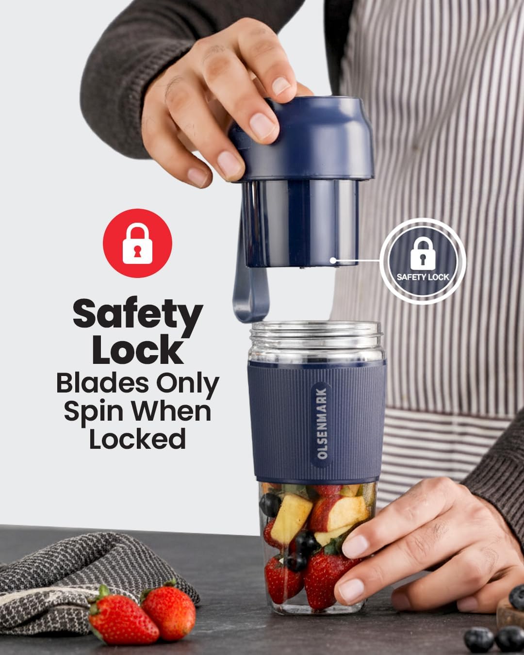 Olsenmark  Rechargeable Portable Blender, 300ML | 60W Powerful Motor | USB Rechargeable Mini Juicer | Safety Lock | BPA-Free