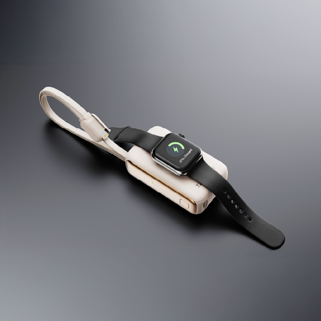 LZEL Ampflow10 Mini 10000Mah Pd Power Bank 22.5W | Built-In Type-C & Lightning Cable | Wireless Charging | Beige