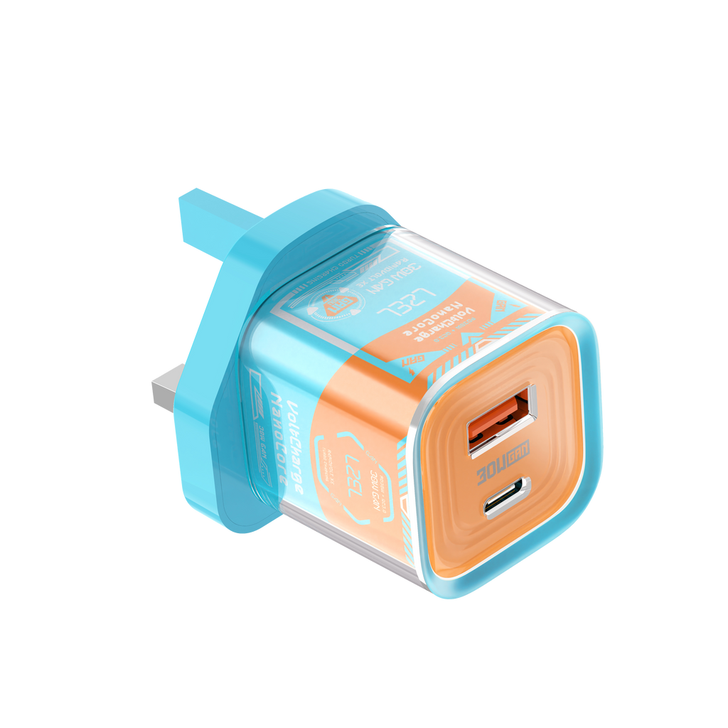 LZEL VoltCharge NanoCore – 30W GaN Transparent Wall Charger | Sky Blue/Orange