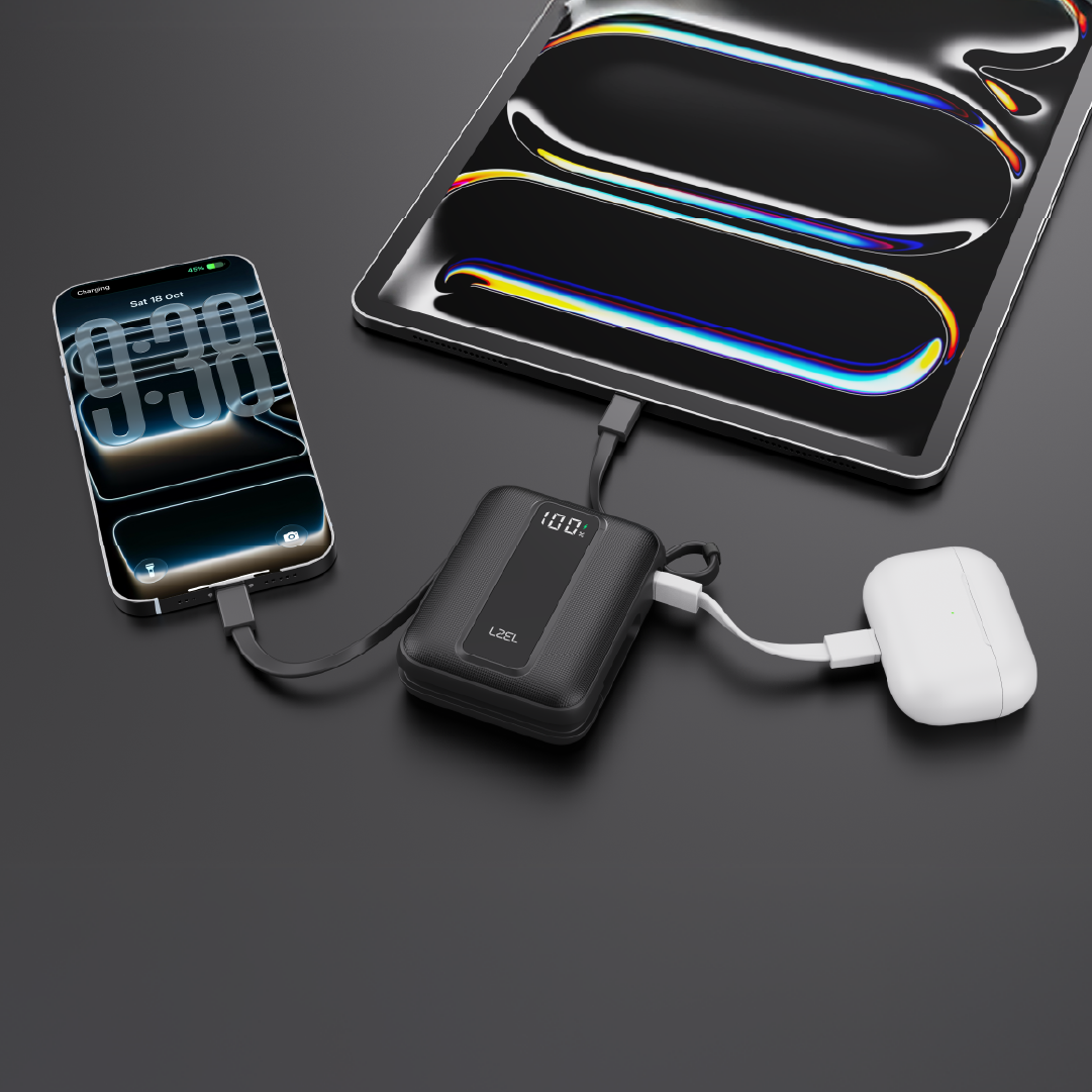 LZEL AMPNEO1O Mini 10000mAh PD Power Bank 30W | Built-in Type-C & Lightning Cable | Type-C Input/Output | Black