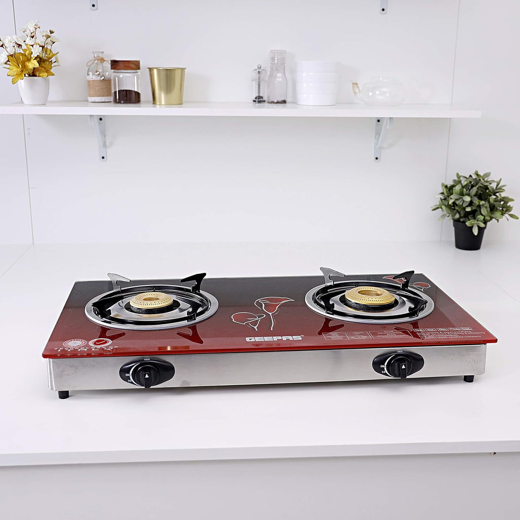 Geepas 2 Burner Glass Top Gas Cooker GK5602 | Stainless Steel