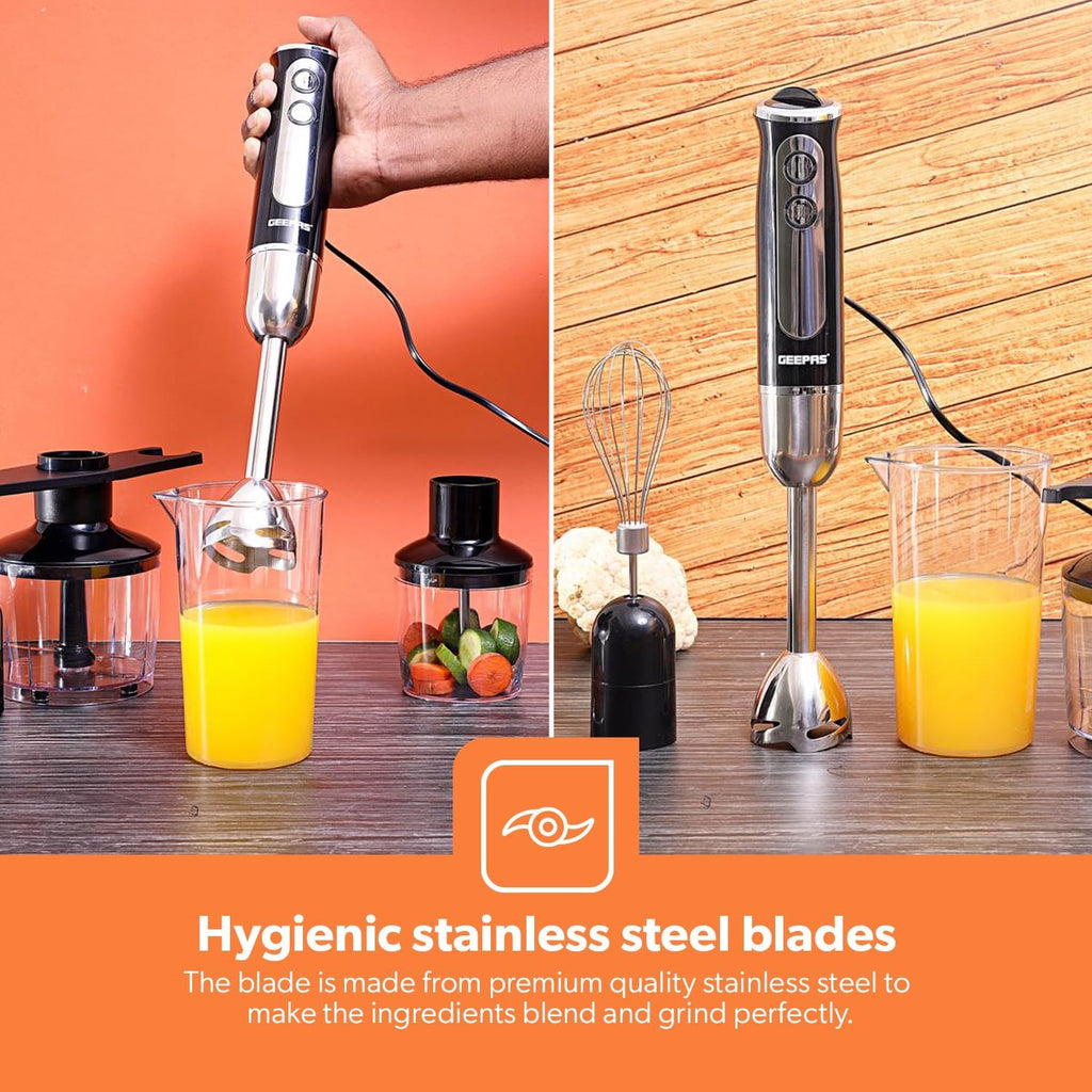 Geepas 5-in-1 Handheld Blender 600W â€“ Black/Transparent