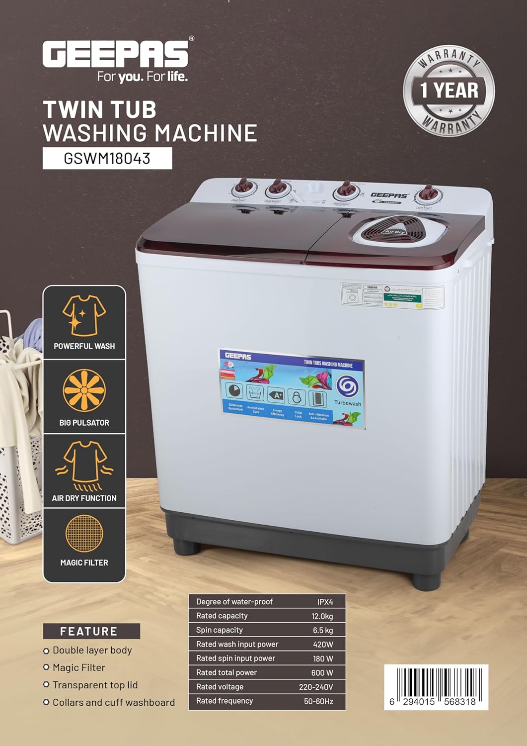 Geepas 12 KG Twin Tub Semi-Automatic Washing Machine Fully Knob Control and Semi-Automatic Top Load Washing Machine