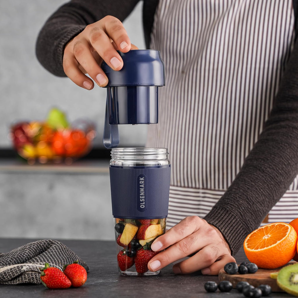 Olsenmark  Rechargeable Portable Blender, 300ML | 60W Powerful Motor | USB Rechargeable Mini Juicer | Safety Lock | BPA-Free