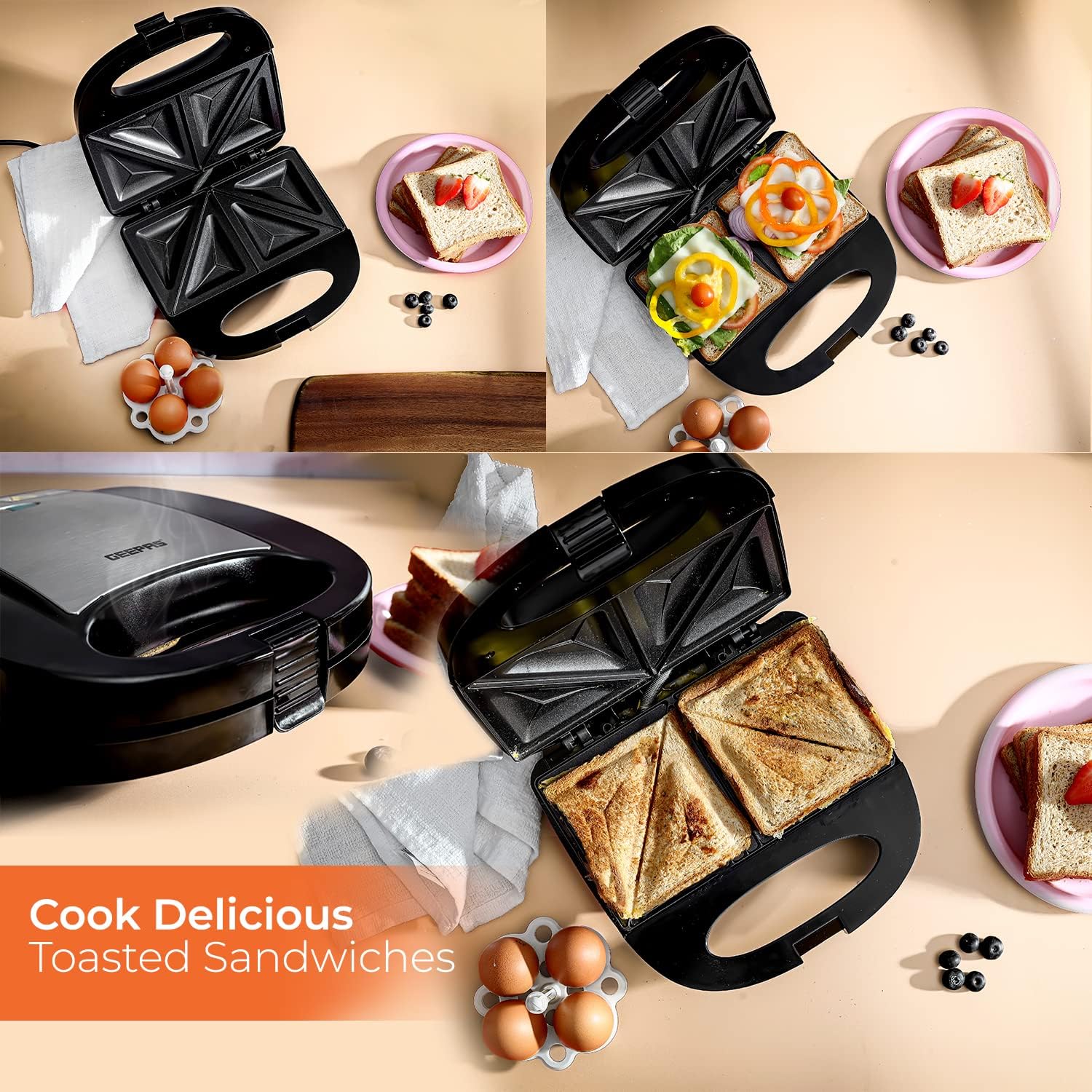 Geepas Portable Powerful 2 Slice Grill Maker with Non-Stick Plates 700W with Non-Stick Plates