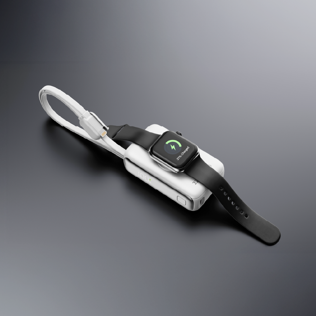 LZEL Ampflow10 Mini 10000Mah Pd Power Bank 22.5W | Built-In Type-C & Lightning Cable | Wireless Charging | White