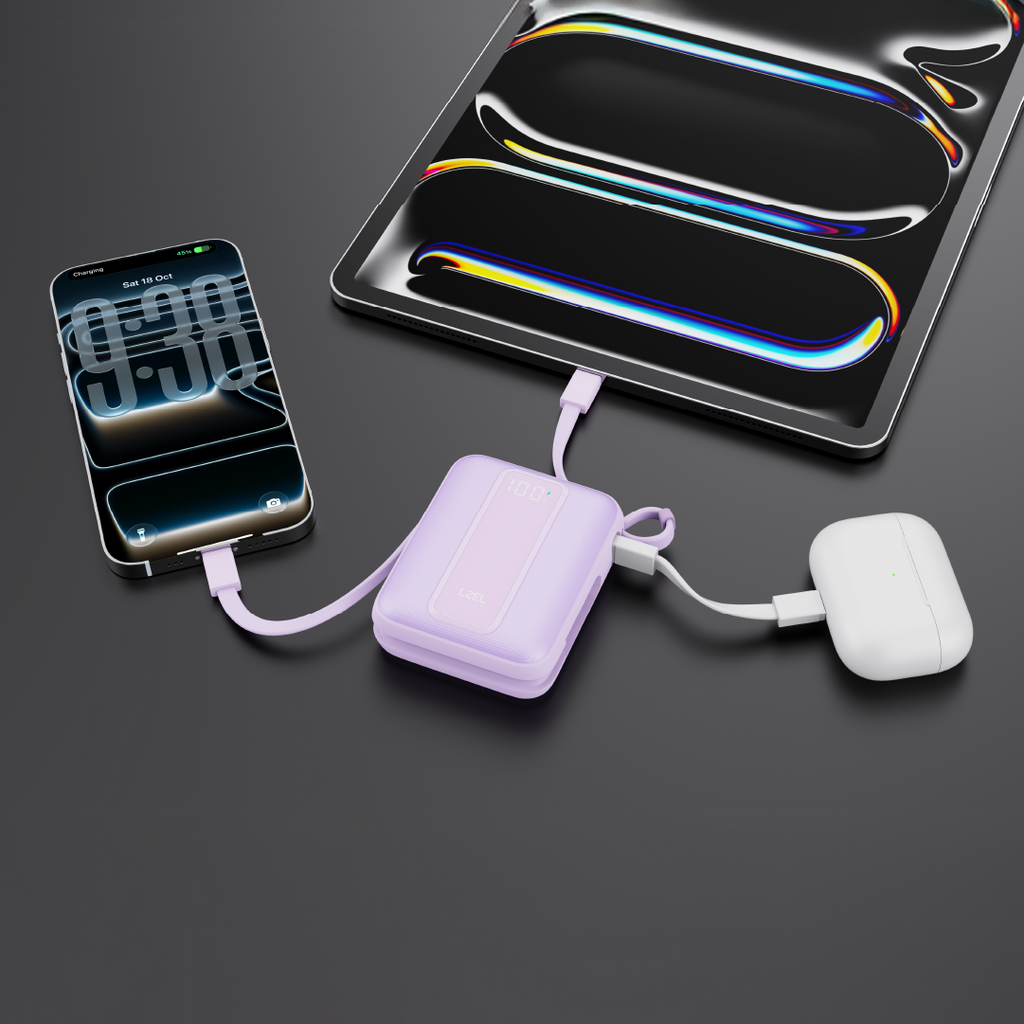 LZEL AMPNEO1O Mini 10000mAh PD Power Bank 30W | Built-in Type-C & Lightning Cable | Type-C Input/Output | Purple
