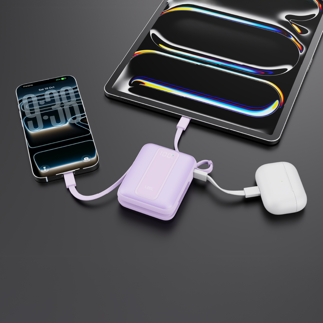 LZEL AMPNEO1O Mini 10000mAh PD Power Bank 30W | Built-in Type-C & Lightning Cable | Type-C Input/Output | Purple