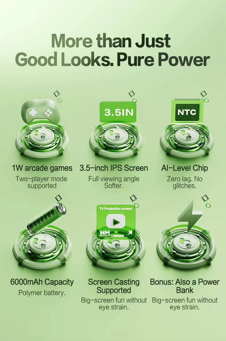 Retro Game Console - 3.5-inch IPS Screen, 6000mAh, 10000 Games | Light Green