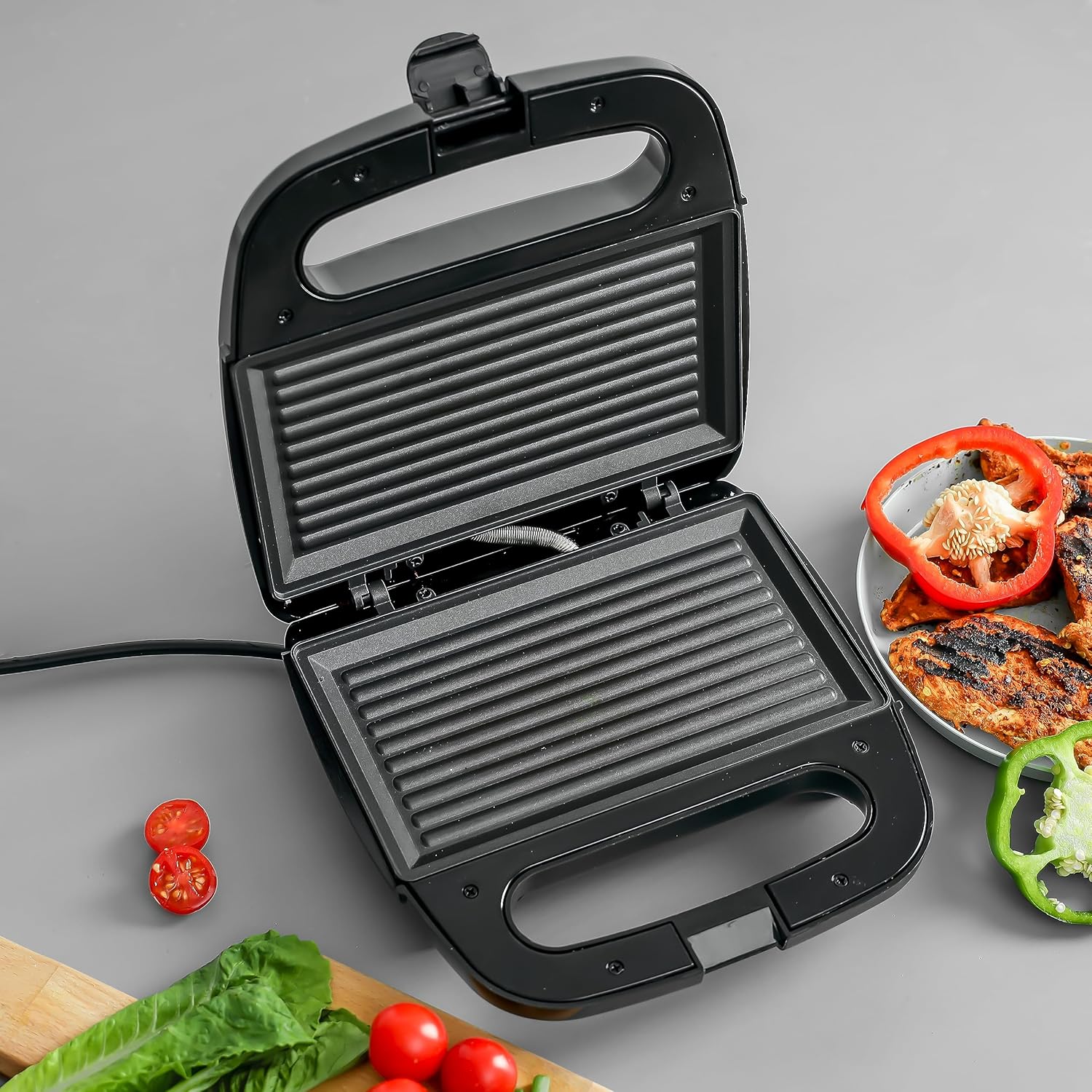 Geepas Stainless Steel Grill Maker â€“ 750W, 2-Slice, Non-Stick Plates
