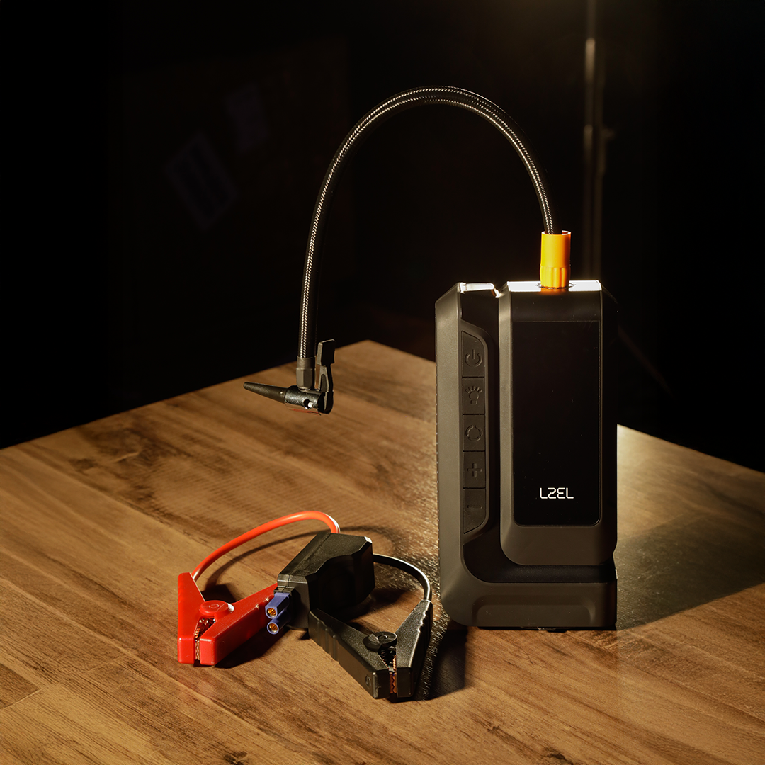 LZEL EnergizeIgnite Air 12000mAh 12V Car Jump Starter with LED Flashlight & Tire Inflator | Gray/Black