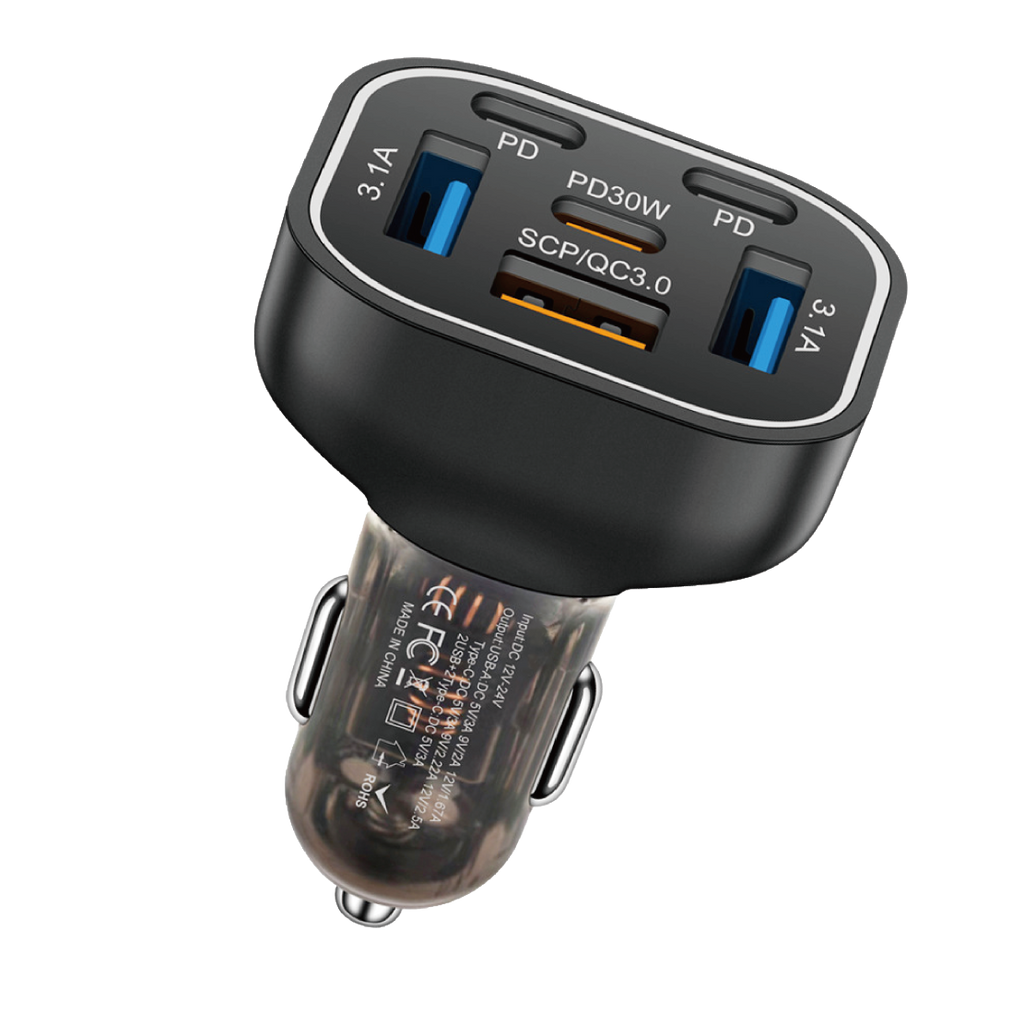 Asli Global PrimusCharger Q 63W 6-Port Transparent Car Charger with 3 PD & QC 3.0  | Transparent