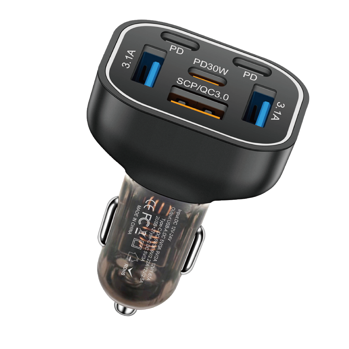 Asli Global PrimusCharger Q 63W 6-Port Transparent Car Charger with 3 PD & QC 3.0  | Transparent