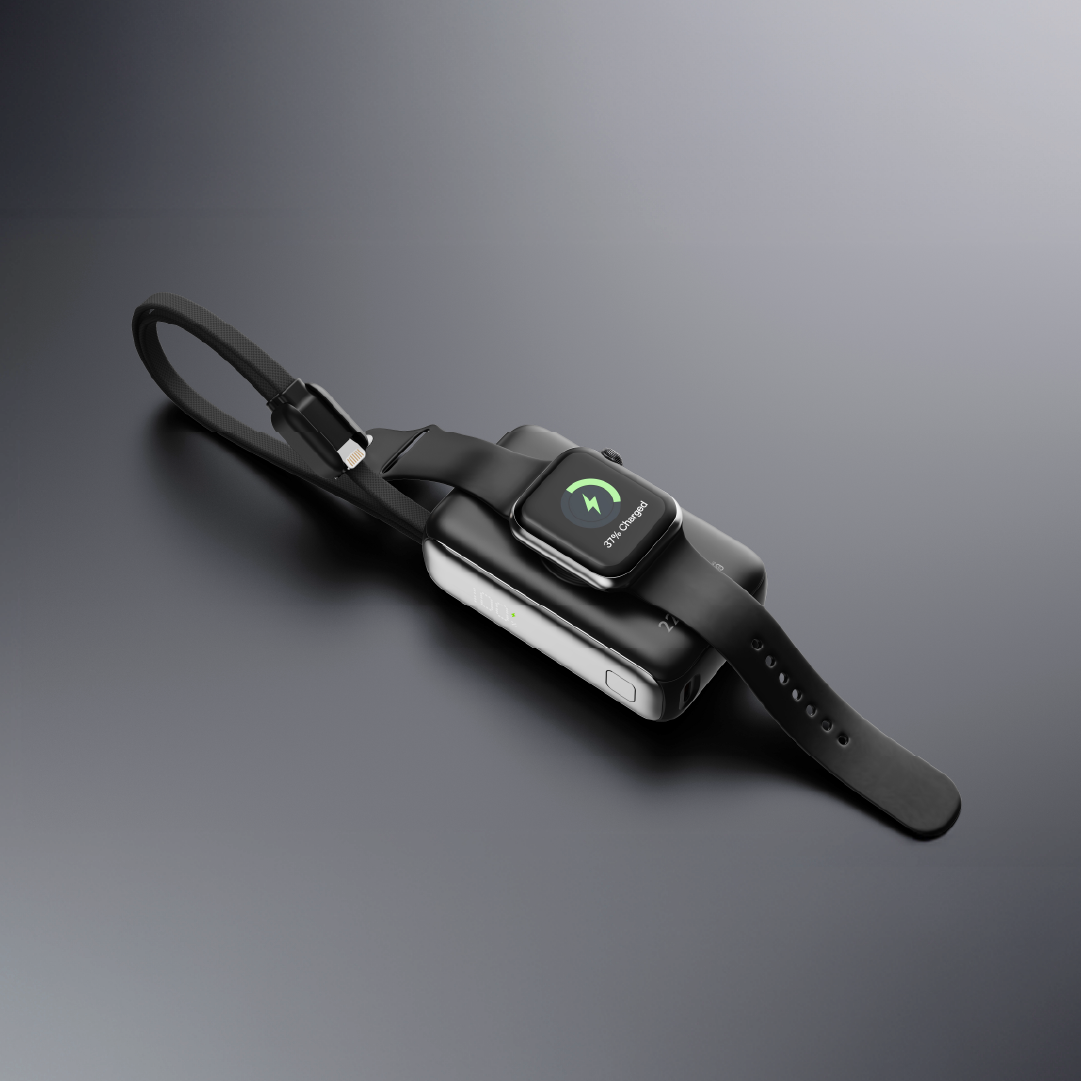 LZEL Ampflow10 Mini 10000Mah Pd Power Bank 22.5W | Built-In Type-C & Lightning Cable | Wireless Charging | Black