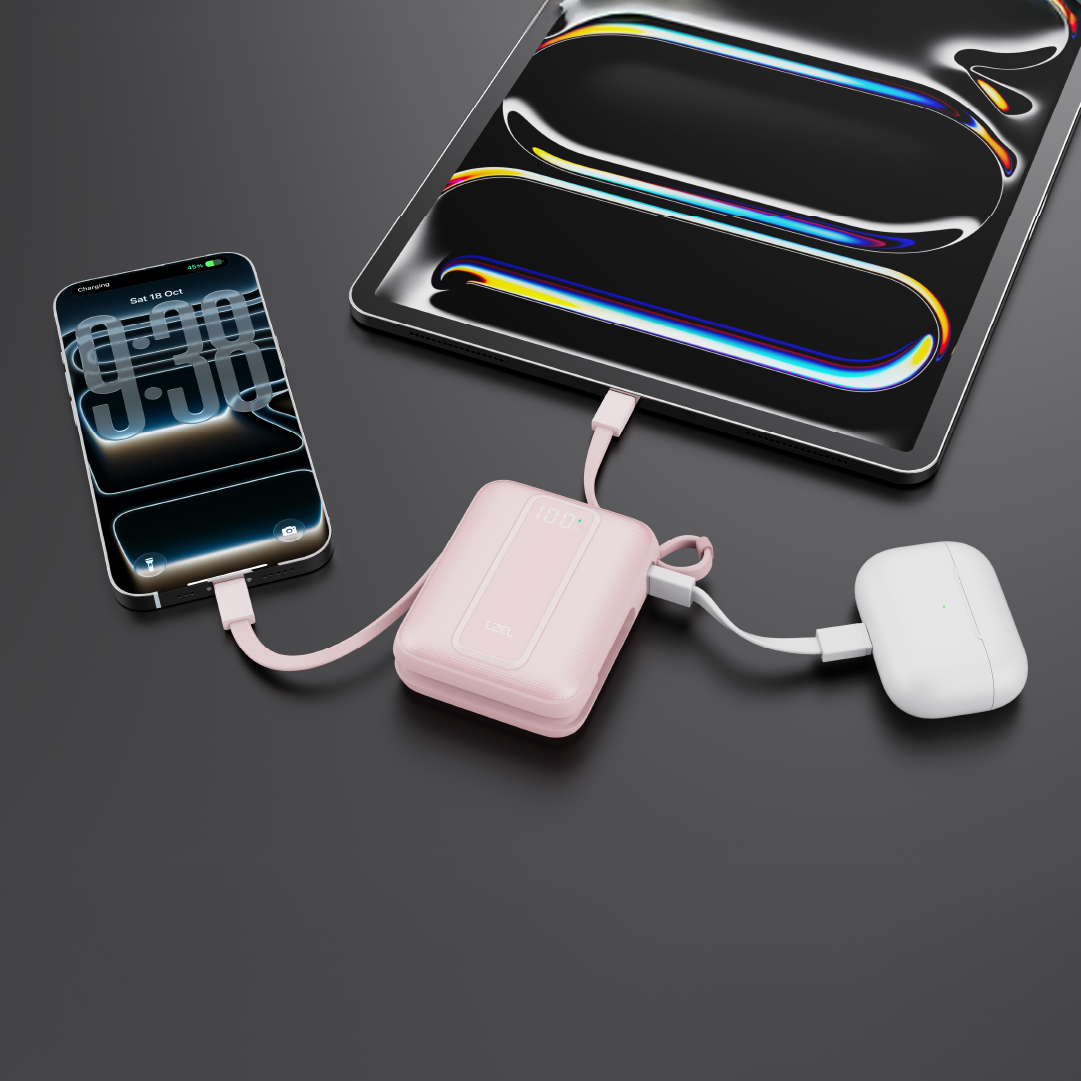 LZEL AMPNEO1O Mini 10000mAh PD Power Bank 30W | Built-in Type-C & Lightning Cable | Type-C Input/Output | Pink