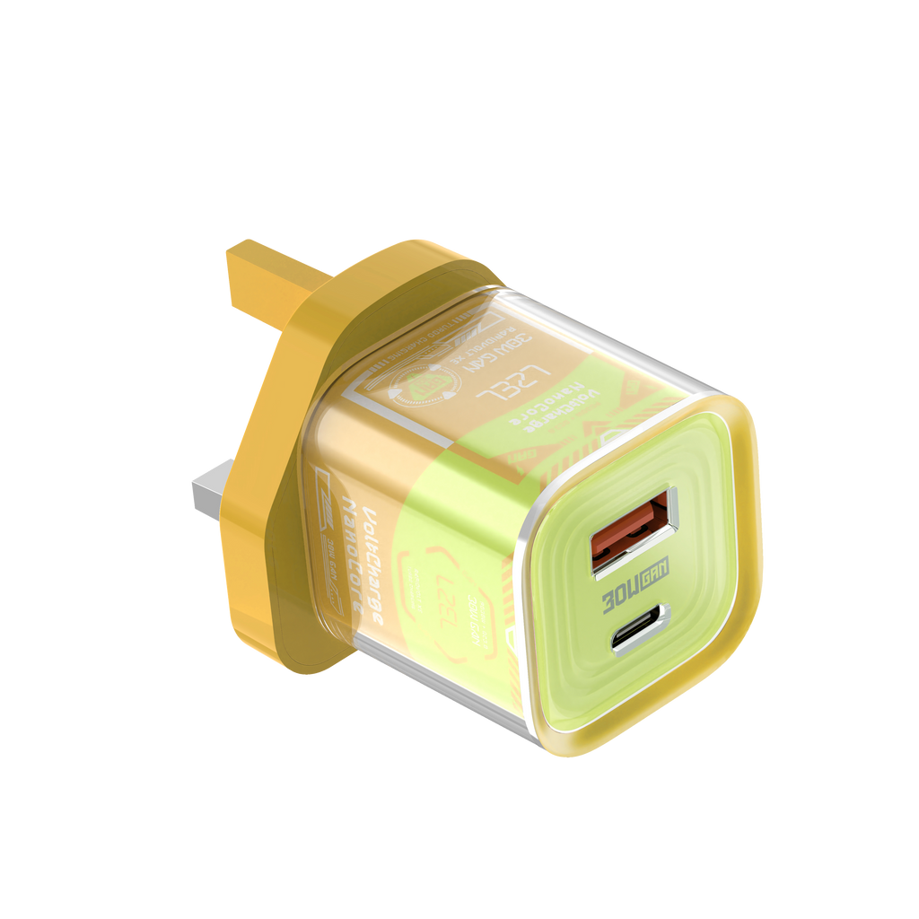 LZEL VoltCharge NanoCore – 30W GaN Transparent Wall Charger | Brown/Green