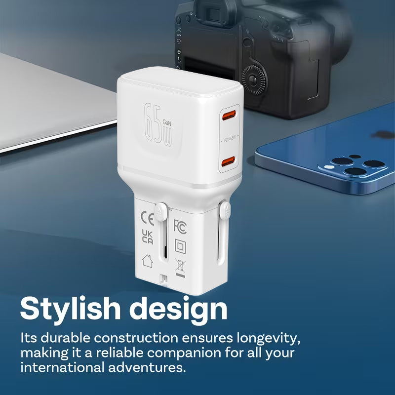 LZEL TravelPro Series Dual Port GaN Travel Wall Charger 65W I Dual Type-C Output I Global compatibility I White