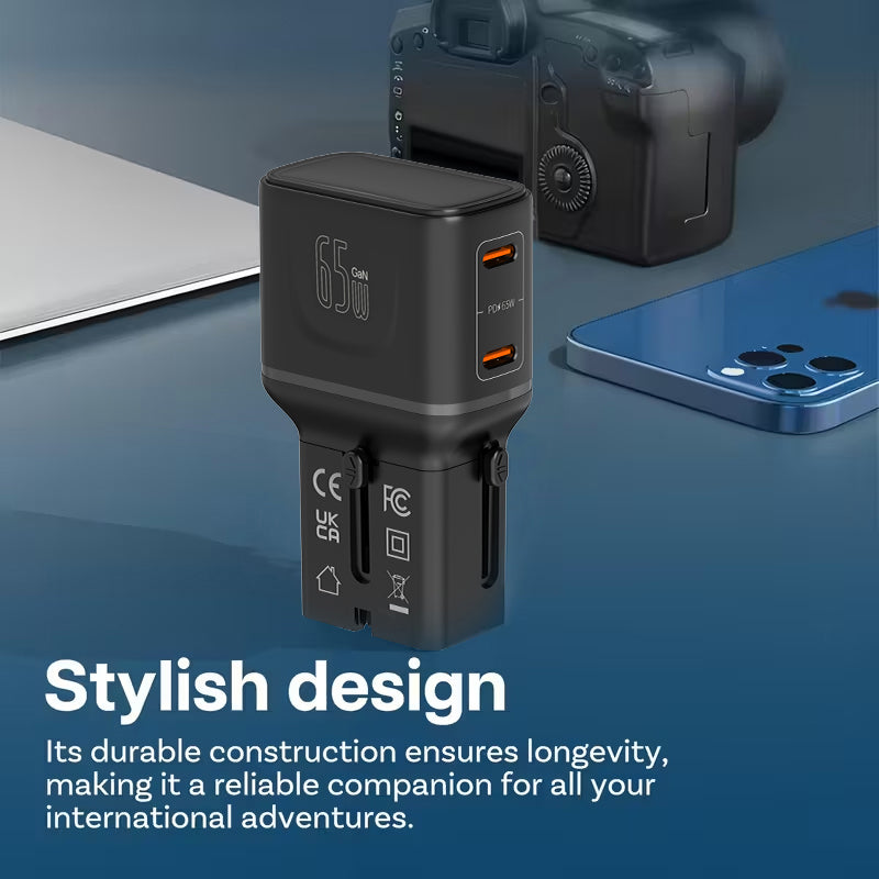 LZEL TravelPro Series Dual Port GaN Travel Wall Charger 65W I Dual Type-C Output I Global compatibility I Black