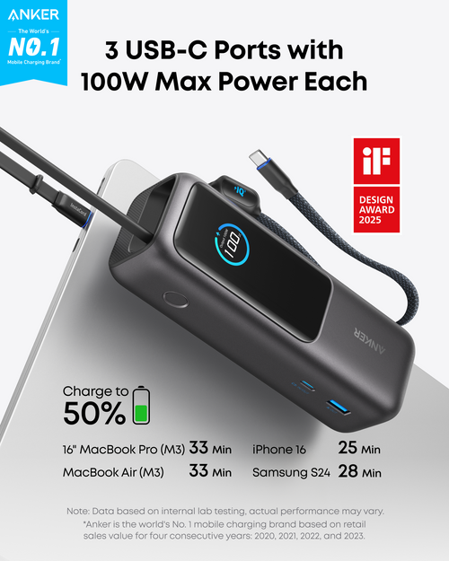 Anker Laptop Power Bank 25K 165W  Built-In and Retractable Cables | Black