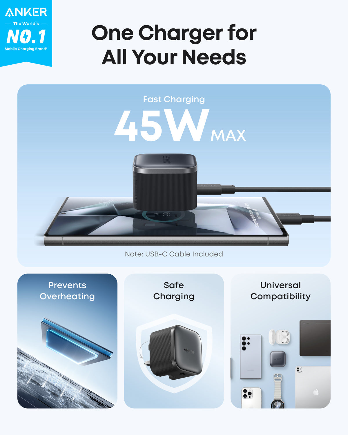 Anker Nano Charger 45W Fast Charger with USB-C to USB-C Cable | Black