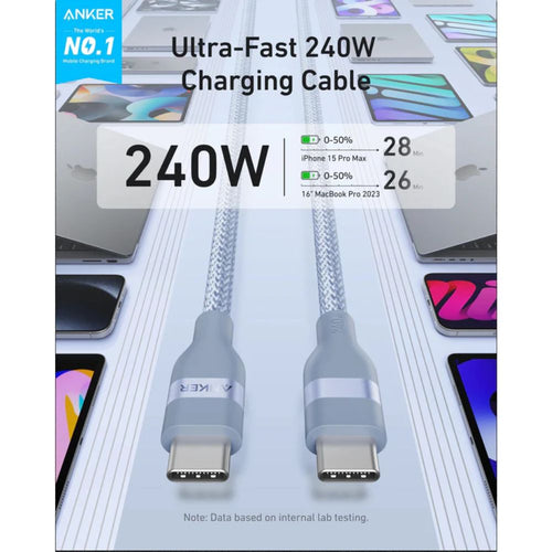 Anker USB-C to USB-C Cable 240W â€“ Upcycled Braided, 0.9m (3ft), Fast Charging | Blue