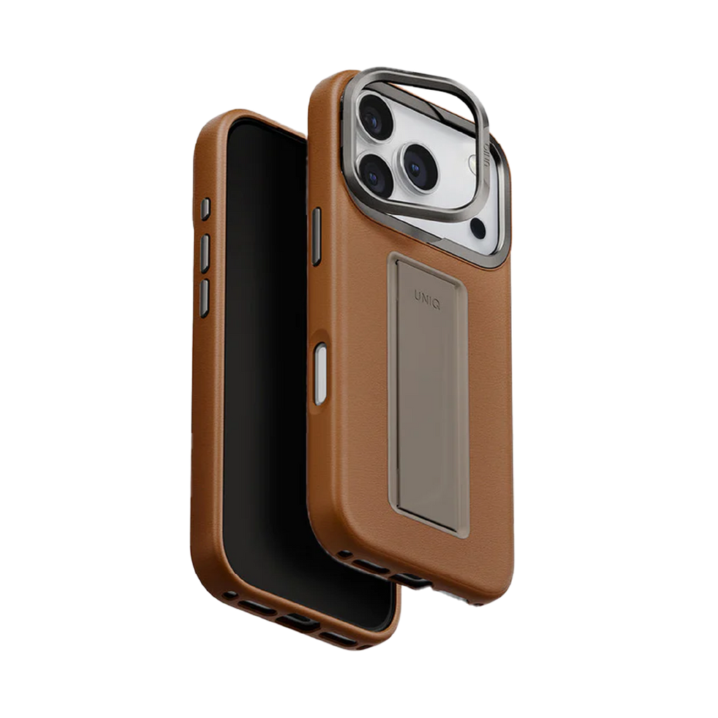 UNIQ Hybrid Heldro Pro MagClick Case with Camera Stand for iPhone 17 Pro Max | Caramel