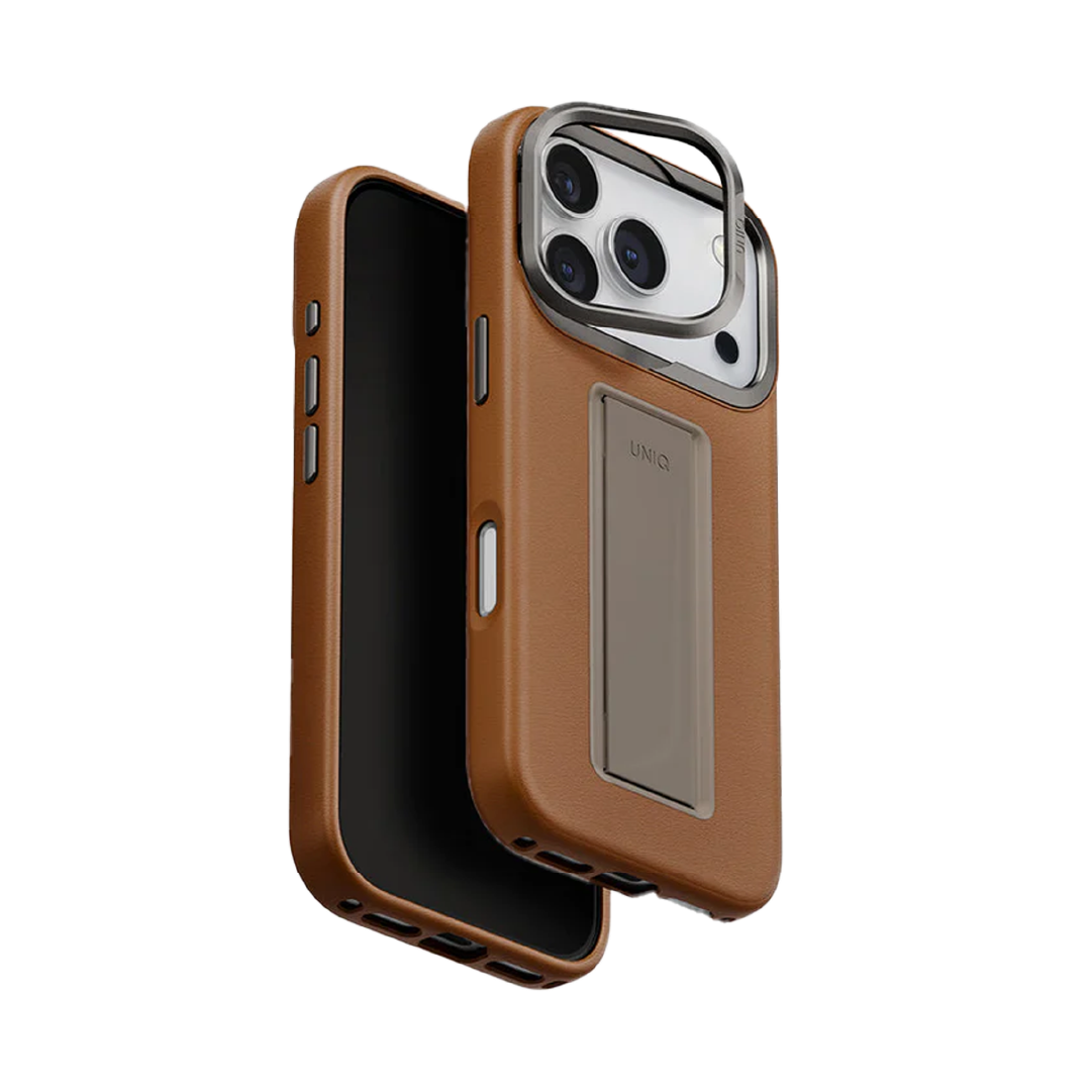 UNIQ Hybrid Heldro Pro MagClick Case with Camera Stand for iPhone 17 Pro Max | Caramel