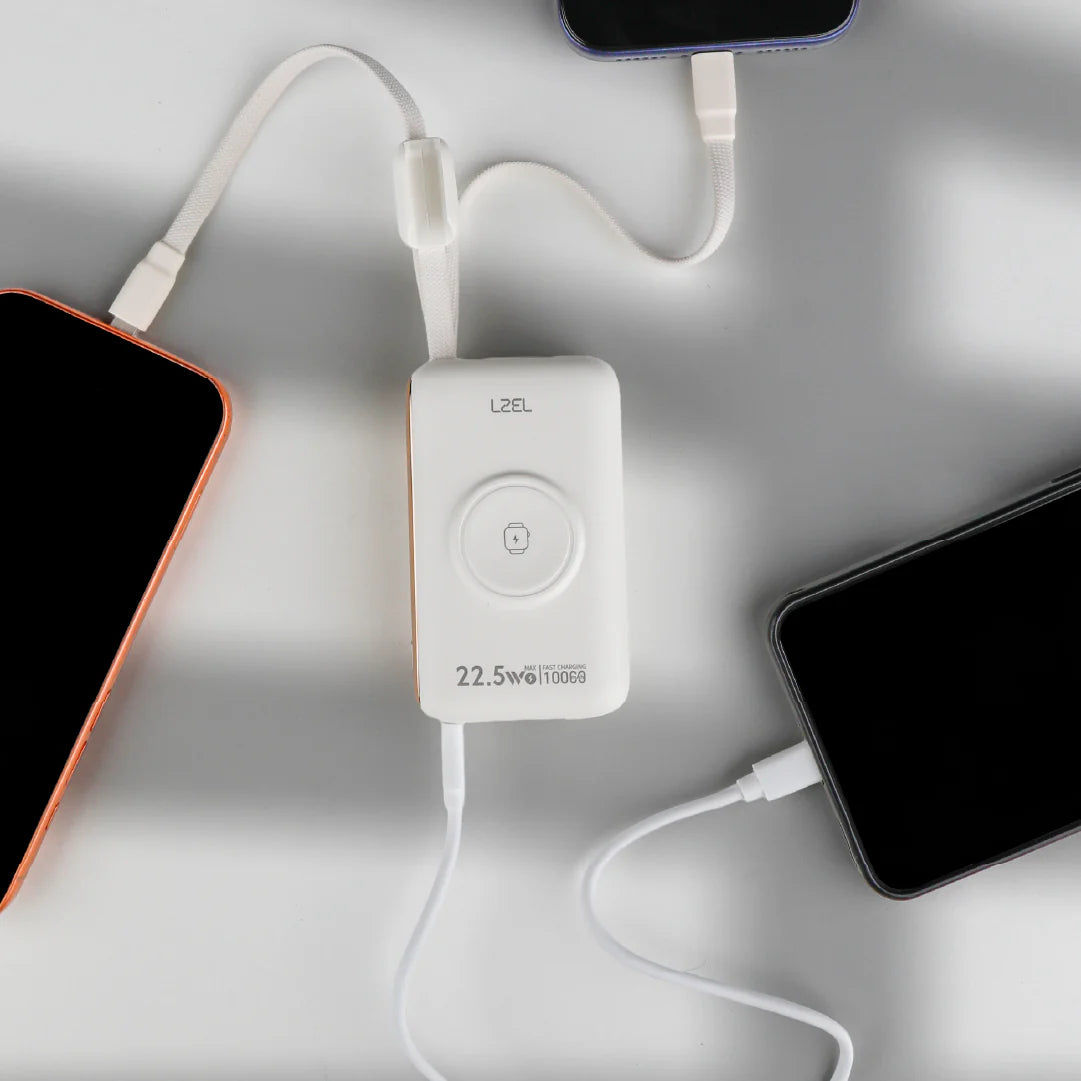 LZEL Ampflow10 Mini 10000Mah Pd Power Bank 22.5W | Built-In Type-C & Lightning Cable | Wireless Charging