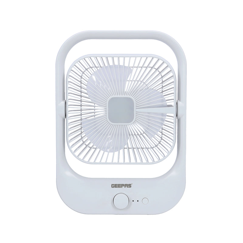 Geepas 8” Rechargeable Fan with LED Light – 2-Speed Powerful Airflow, Built-in Battery Backup, Portable Design, Adjustable Tilt